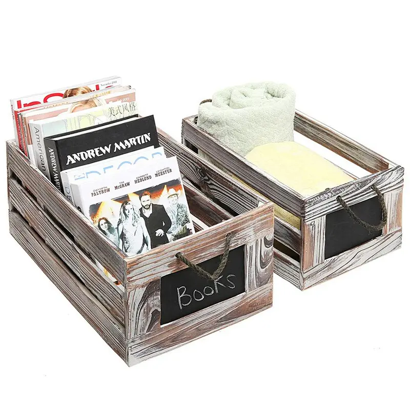 Torched Wood Decorative Boxes, Nesting Storage Crates with Chalkboard Labels and Handles, Set of 2