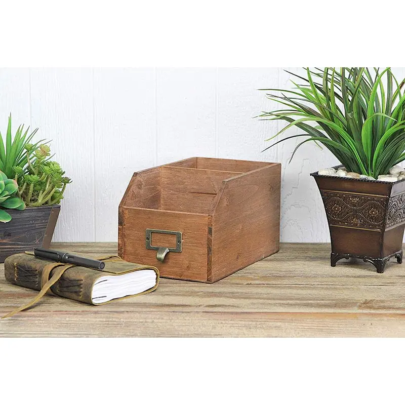 Desk Wooden Organizational Box with 2 Storage Compartments and Label Slot