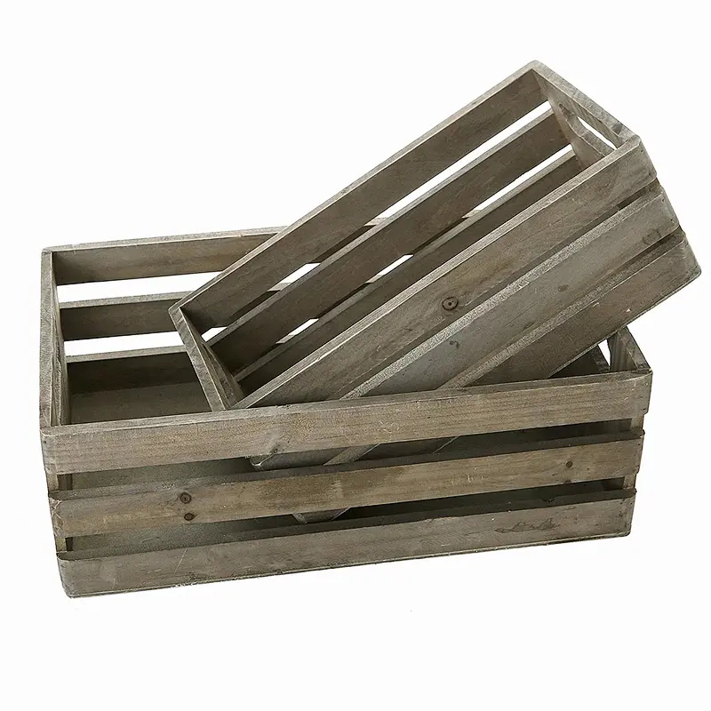 Distressed Gray Wooden Crate Nesting Boxes, Storage Crates w/Handles, Set of 2