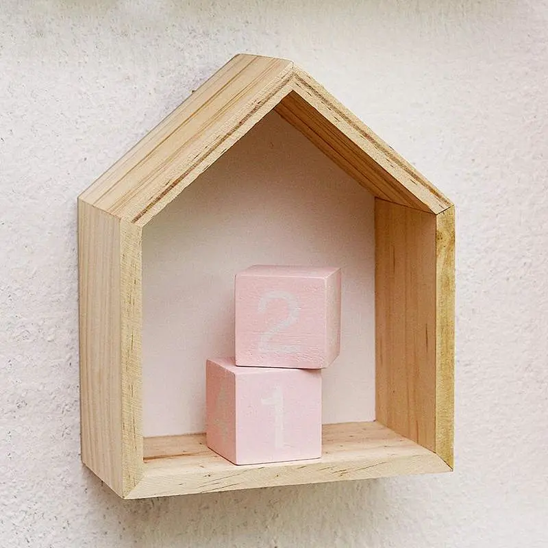 1 2Pcs Lovely Wooden House-Shaped Wall Storage Shelf Kid'S Room Decoration