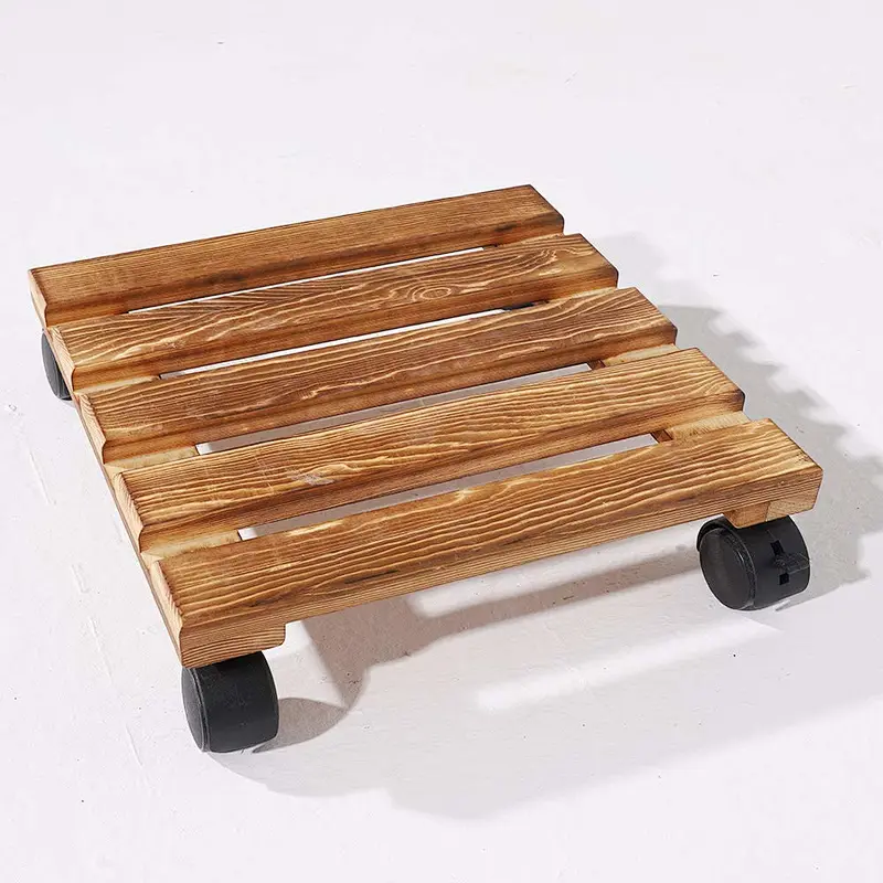 Square Natural Wood Plant Pot Caddy Dolly, Sturdy Planter Flower Stand Rolling Mover with Locking Wheels for Outdoor Indoor