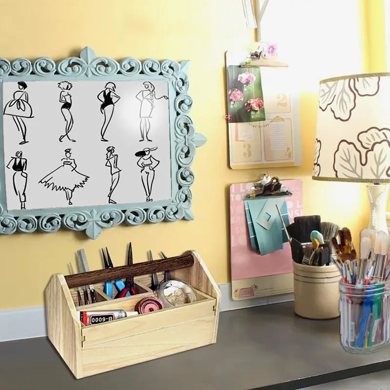 Natural Wood Color Wooden Craft Tool Box Caddy with a Handle