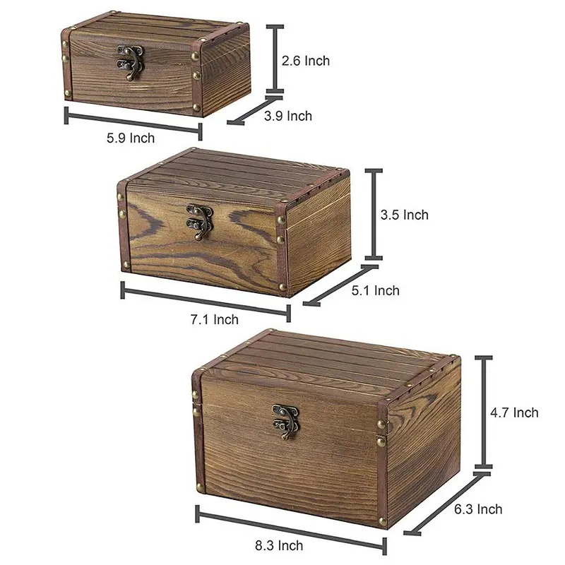 Set of 3 Vintage Style Wood Decorative Nesting Boxes, Jewelry & Trinket Storage Chests with Latch, Brown