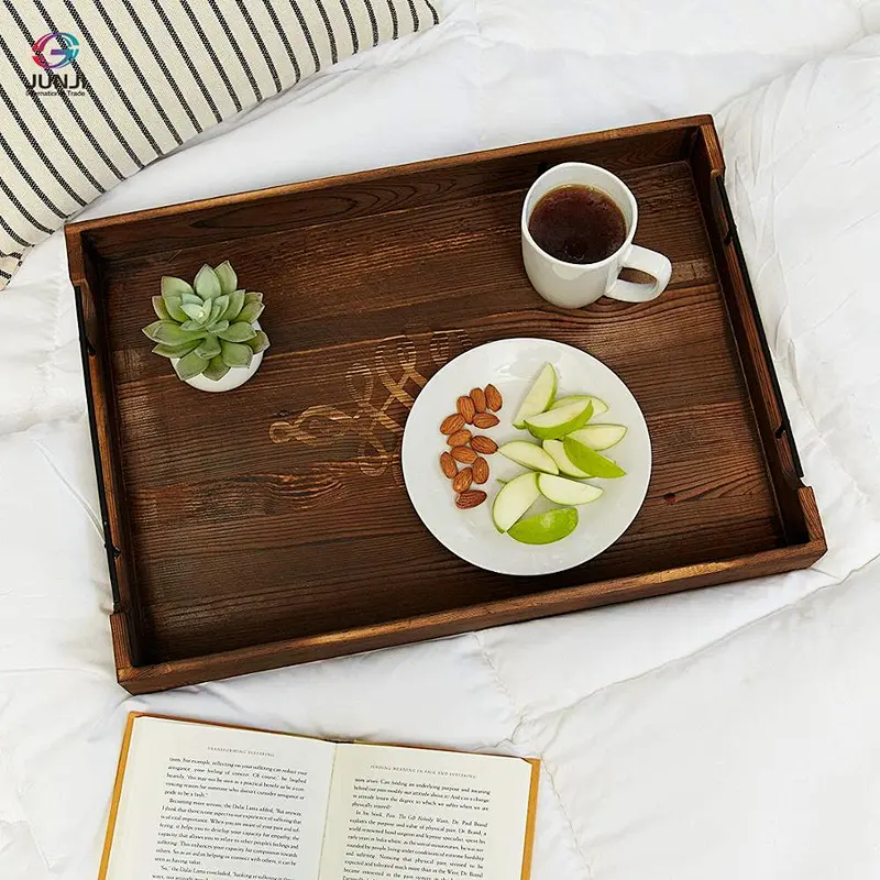 Rustic brown wooden nested breakfast tray with handle, 2 pieces