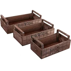 2019 Rustic Style Nesting Wood Planter Display Boxes, Decorative Storage Crates, Set of 3