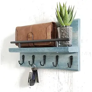 Entryway Organizer Key and Mail Shelf with Hooks, Rustic Home Decor Organizer, Multiple Key Holder