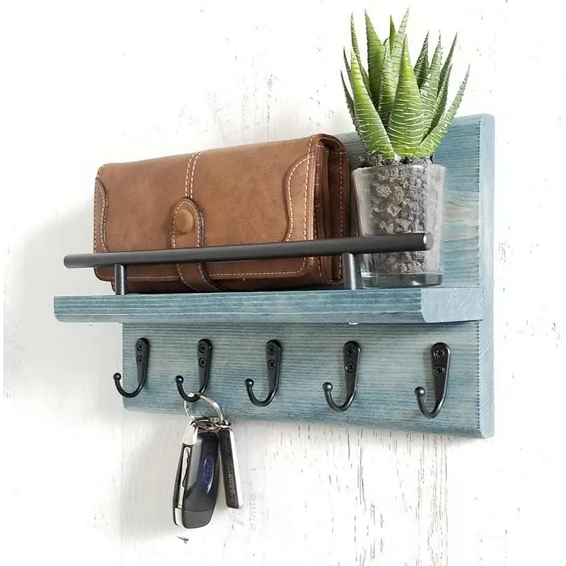 Entryway Organizer Key and Mail Shelf with Hooks, Rustic Home Decor Organizer, Multiple Key Holder