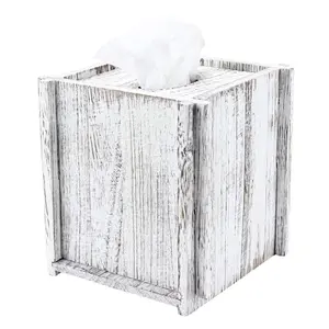 Tissue Box Cover Square Tissue Holder Wooden Rustic Torched Bathroom Facial Tissue Dispenser With Slide-Out Bottom Panel