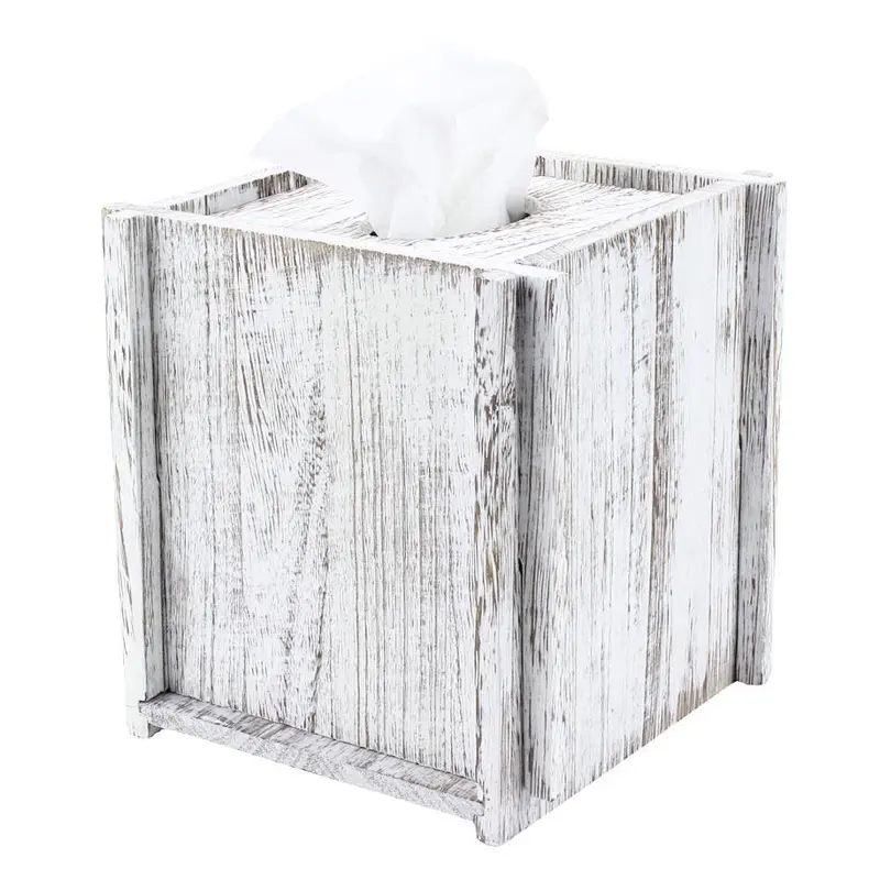 Tissue Box Cover Square Tissue Holder Wooden Rustic Torched Bathroom Facial Tissue Dispenser With Slide-Out Bottom Panel