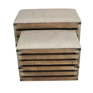 Wooden Boxes, Rectangular Handmade Wood Slat Storage Crate with Metal Accent and Cushioned Lid - Set of 2