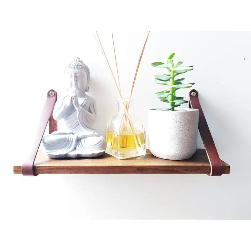 wall corner floating shelf Wooden floating shelf with genuine leather straps 30cmmdf wall shelveswall display shelf