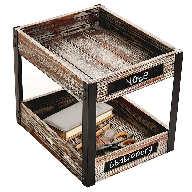 2 Tier Industrial Style Torched Wood Desktop Document Tray, Paper File Holder with Chalkboard Labels
