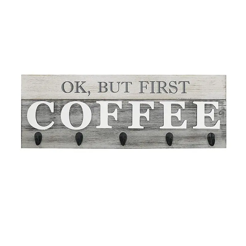 But First Coffee' Mug Holder - Rack - Display, Rustic Farmhouse Wood Coffee Wall Decor Sign for Kitchen, Bar, Cafe 24