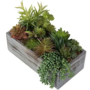 Assorted Artificial Succulent Plants in Wood Planter Box,rustic,simple,solid wood box