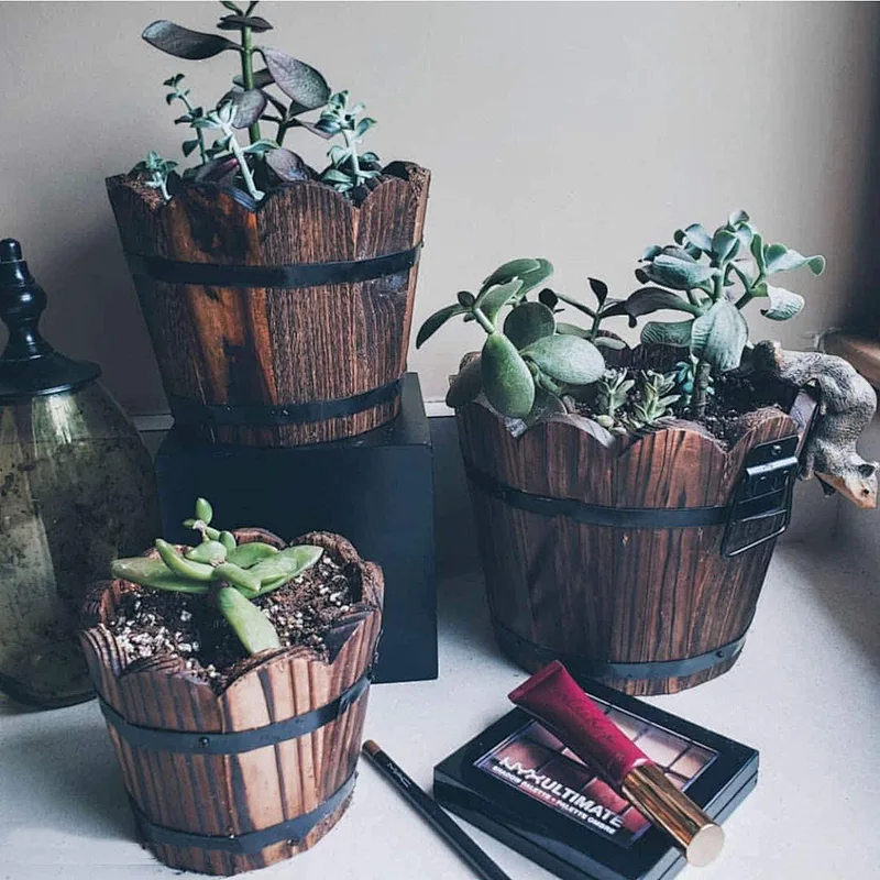 Wooden Bucket Barrel Planters Rustic Patio Planters Flower Pots for Plants Garden Outdoor Indoor Decor  Set of 3
