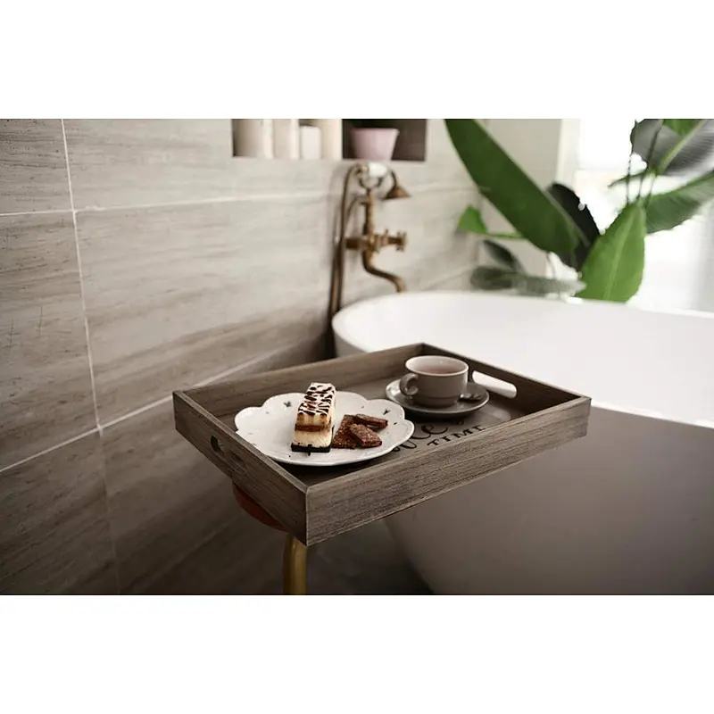Set of 2 Rustic Wooden Serving Trays with Cutout Handles for Breakfast, Bar, Coffee Table, Coffee