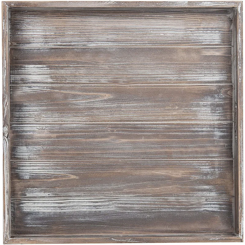 MyGift 18-Inch Square Rustic Torched Wood Ottoman Tray