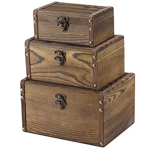 Set of 3 Vintage Style Wood Decorative Nesting Boxes, Jewelry & Trinket Storage Chests with Latch, Brown