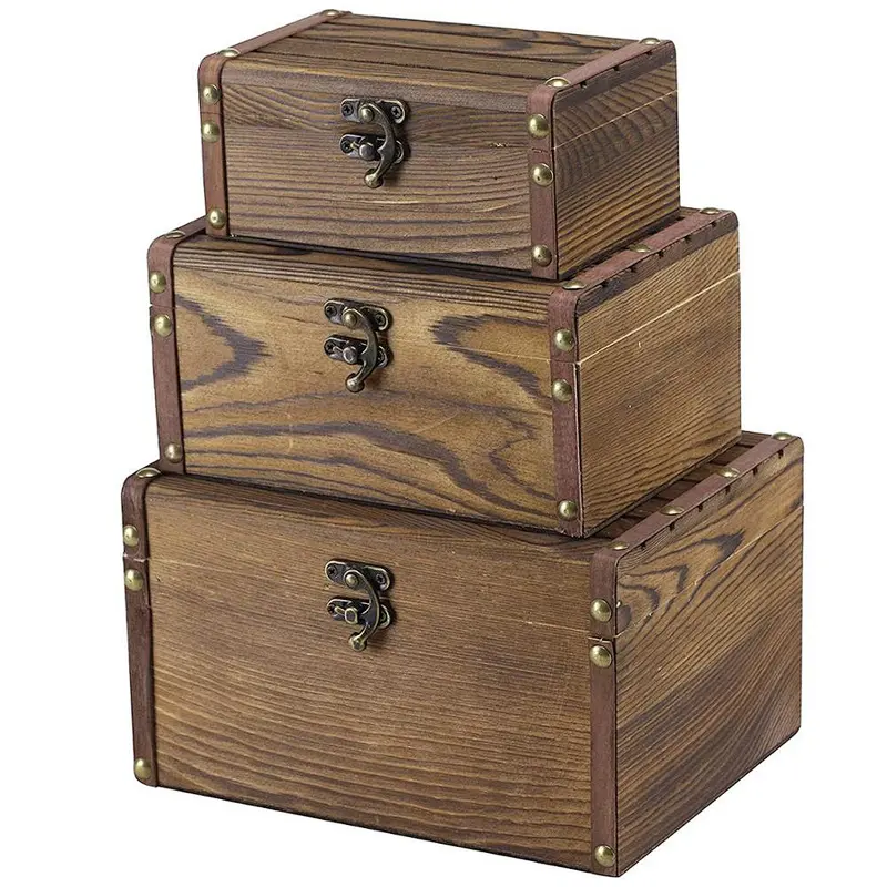 Set of 3 Vintage Style Wood Decorative Nesting Boxes, Jewelry & Trinket Storage Chests with Latch, Brown