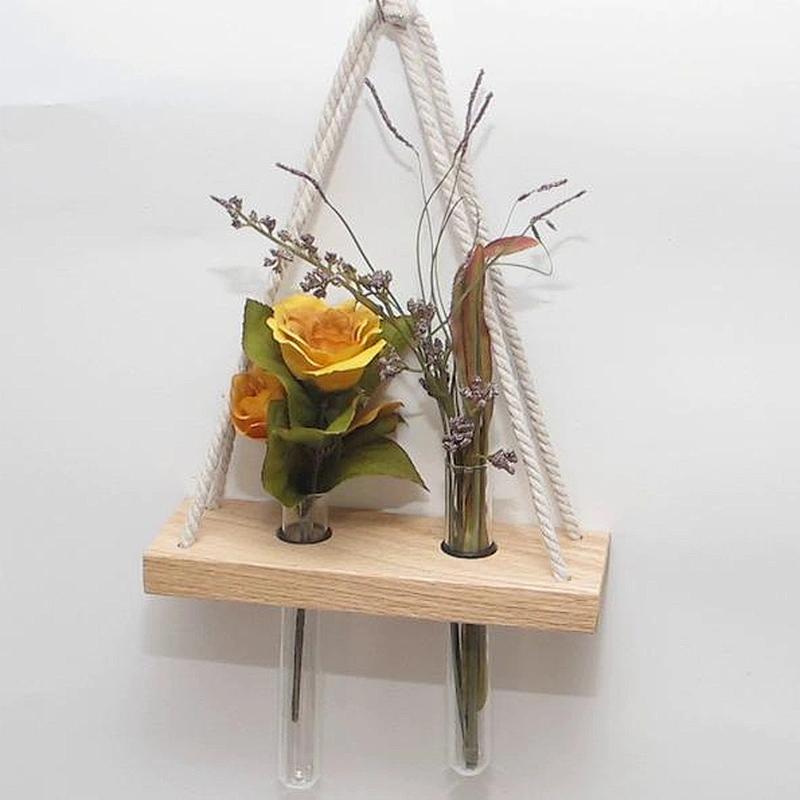Wooden Hanging Shelf with 2 Glass Vases and rope, Wall Decor. Hanging planters