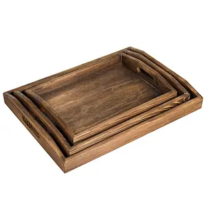Nesting Burnt Wood Serving Trays with Cutout Handles, Set of 3