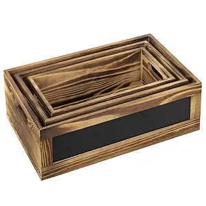 Rustic Burnt Wood Nesting Storage Crates with Chalkboard Front Panels, Set of 3