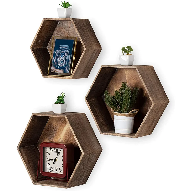 Rustic Wall Mounted Hexagonal Floating Shelves  Set of 3  Large