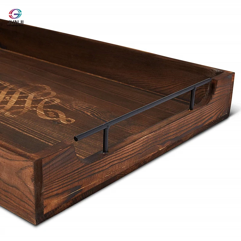 Rustic brown wooden nested breakfast tray with handle, 2 pieces