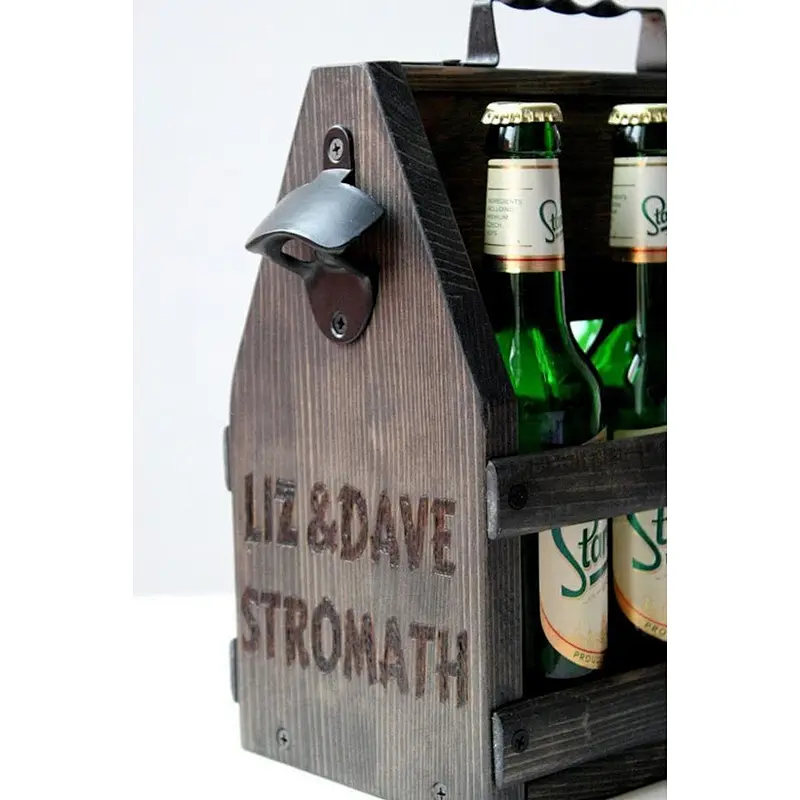 JUNJI Wooden box- Wine Bottle tote- Bar Decor-Beer holder, Wooden Beer Tote