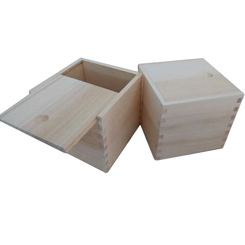wooden semi-finished product small customized rustic style cheap  wooden  storage cratebox, slide top - square gift box filling