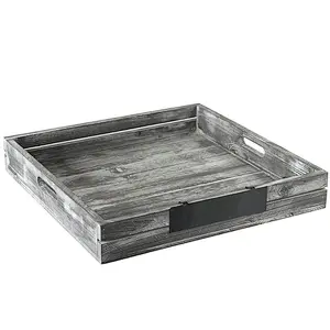 Whitewashed Gray Wood Crate Style Serving Tray with Handles & Removable Metal Chalkboard Label