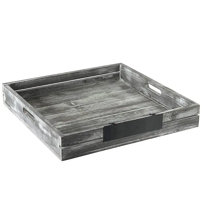Whitewashed Gray Wood Crate Style Serving Tray with Handles & Removable Metal Chalkboard Label