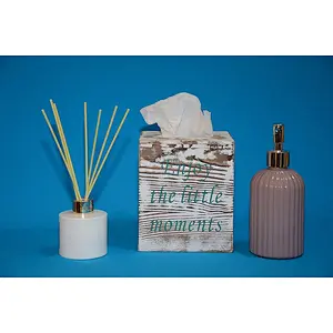 Antique wooden paper towel box cover includes box clip with slide-out backplate, with 2 motto prints, ideal for farmhous