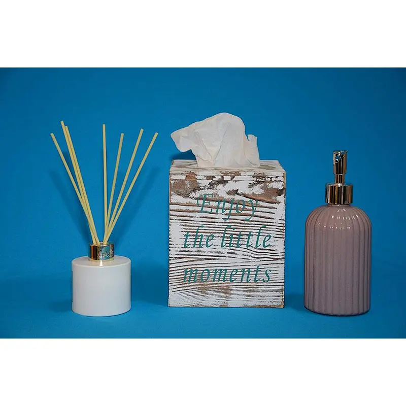 Antique wooden paper towel box cover includes box clip with slide-out backplate, with 2 motto prints, ideal for farmhous