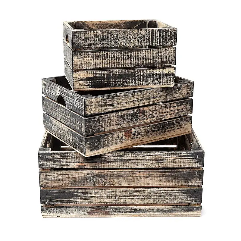Rustic Decorative Wood Crates (Set of 3) (Black and Natural Distressed)