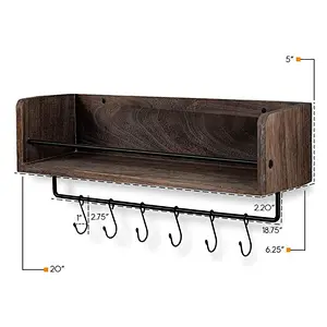 Wall Mount Floating Shelf with Rail and Hooks | Farmhouse Design 20 Inch Torched Distressed Wood Vintage