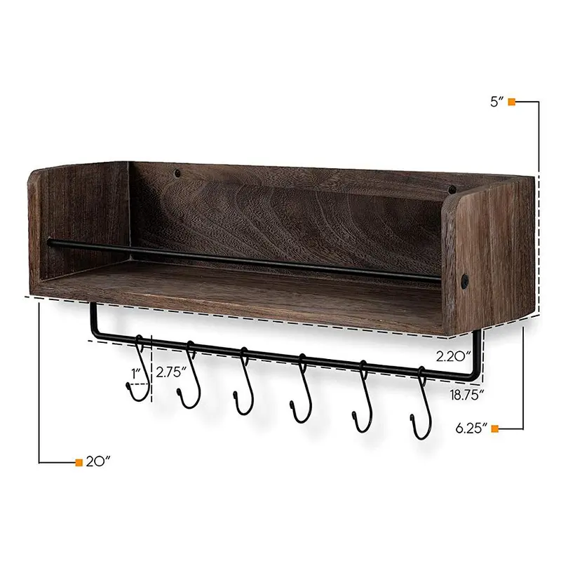 Wall Mount Floating Shelf with Rail and Hooks | Farmhouse Design 20 Inch Torched Distressed Wood Vintage