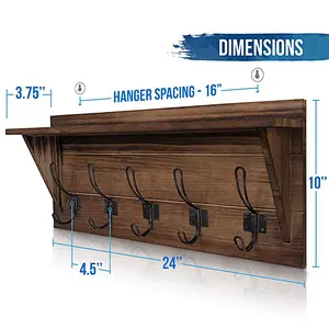 Rustic Wall Mounted Coat Rack Shelf - Brown Wooden Country Style 24