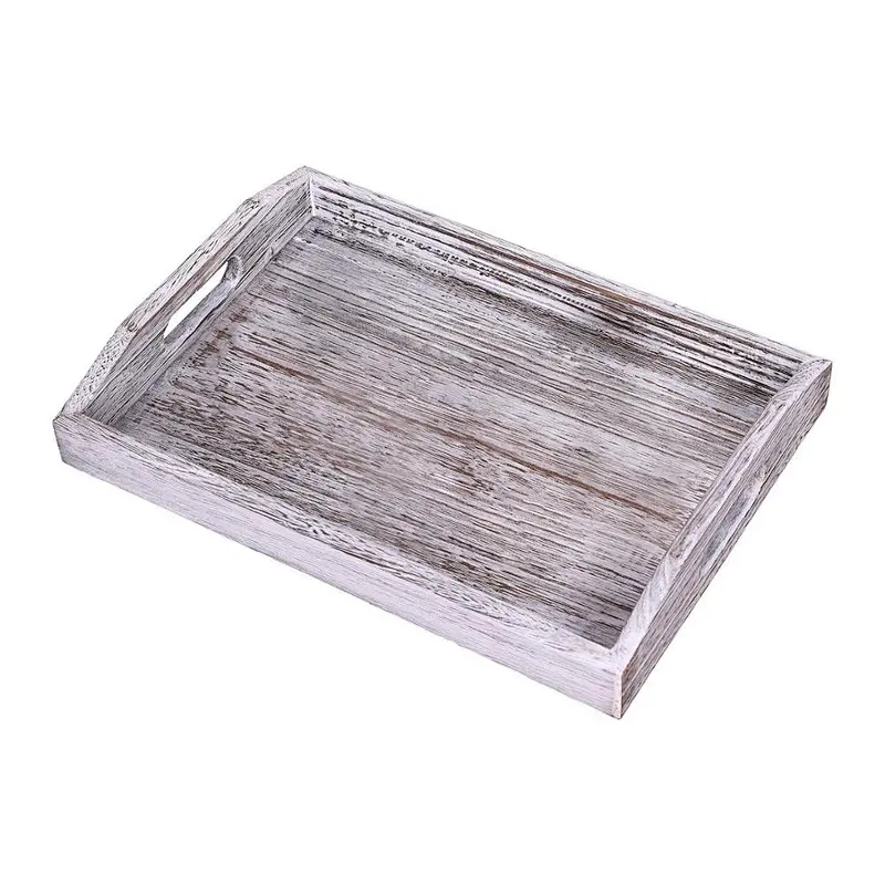 Rustic Wooden Serving Trays with Handle Set of 3 Large Medium and Small Nesting Serving Trays -for Breakfast, Coffee Table