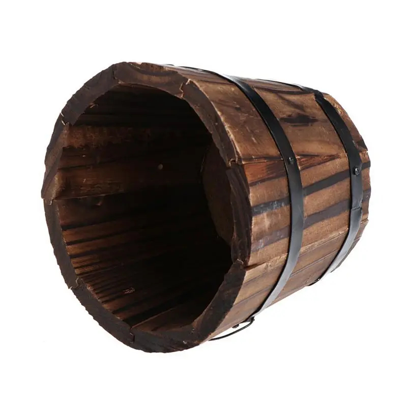 Wood land planter flower box-Retro Round Wooden Flower Pots Planter Barrel Home Garden Outdoor Decoration