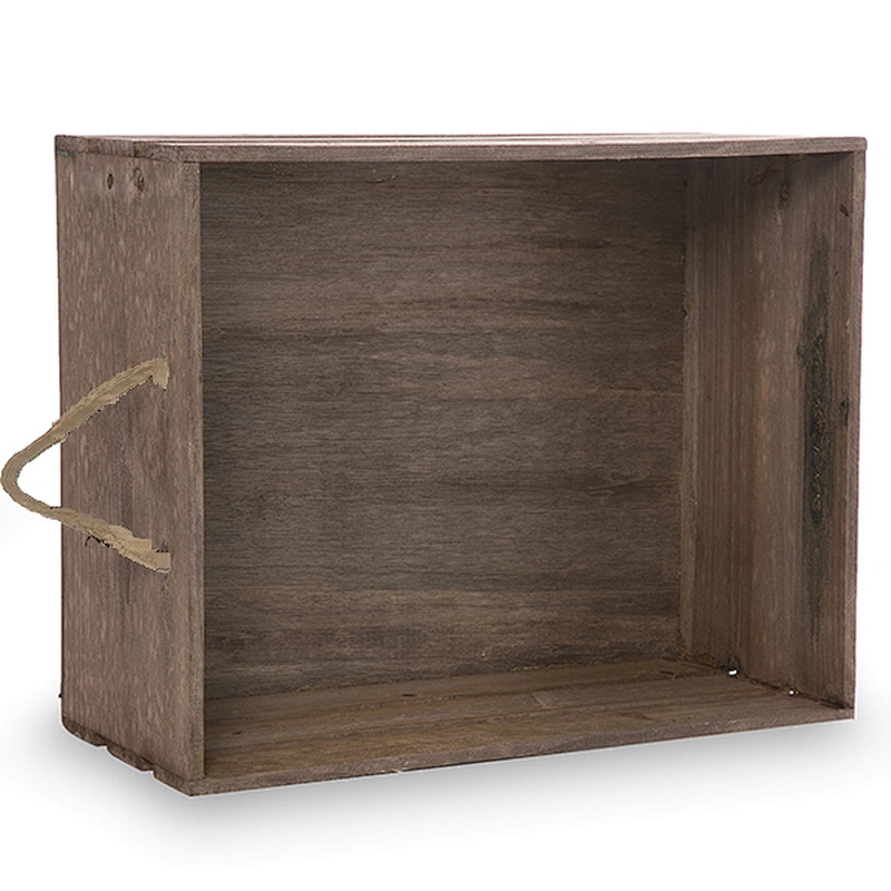 Antique Brown Wooden Crate Storage Box with Rope Handles 15in