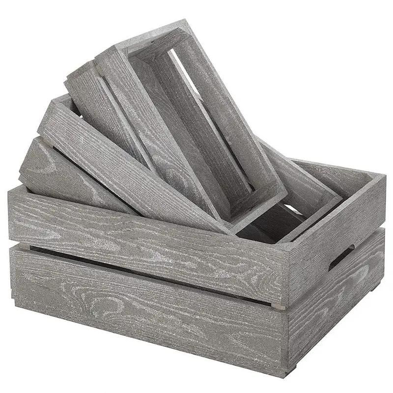 Set of 3 Nesting Ash Brown Wood Accent Crates, Storage Pallet Boxes with Handles