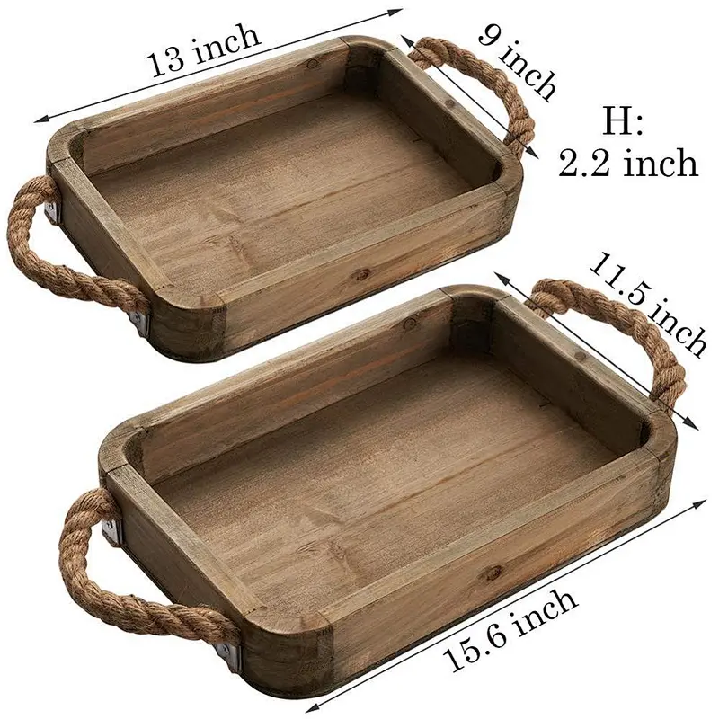 Wood Serving Tray with Jute Rope Handle Vintage Rustic Farmhouse Wooden Breakfast Tray