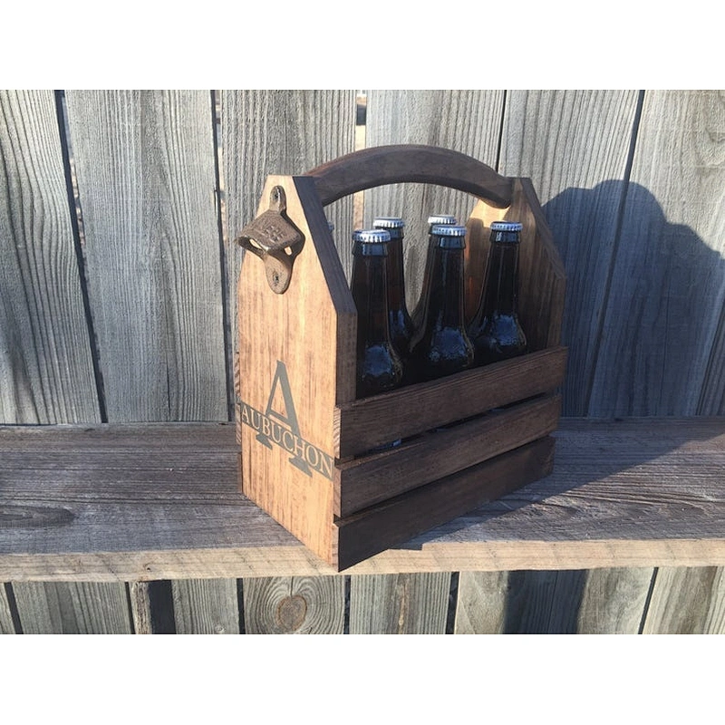 Wooden Wine Tote | Reclaimed Wine Carrier-Personalized Rustic 6-pack beer bottle carrier 12 oz longnecks wood