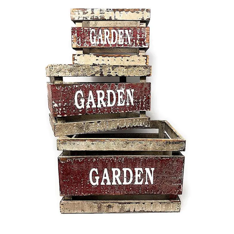 Wooden Crates Fruit Basket Decorative Kitchen Storage Garden Decor by PKD (Set of 3)