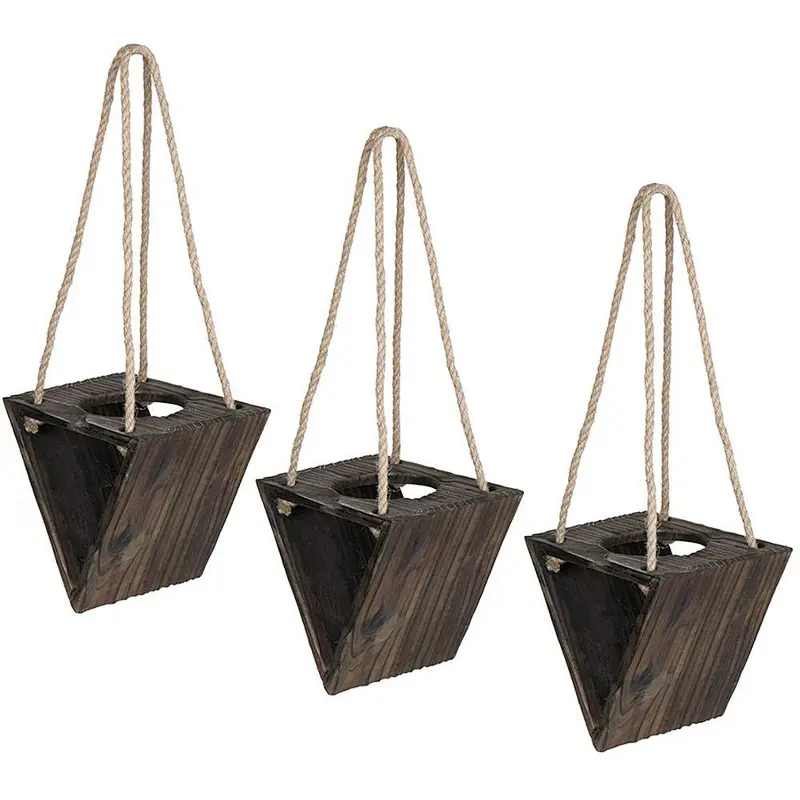 Rustic Triangle Wood Hanging Planter  Wooden Decoration Air Plants Holder with Jute Rope, Set of 3