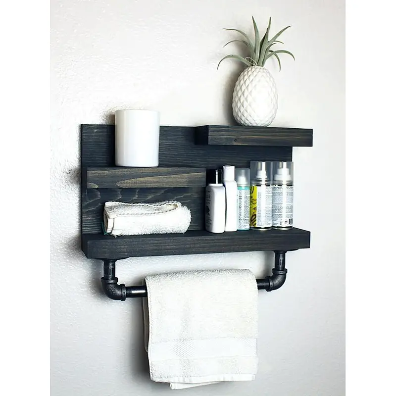 Bathroom Shelf with Industrial Farmhouse Towel Bar, Bathroom Wall Decor Espresso, Country Rustic Storage