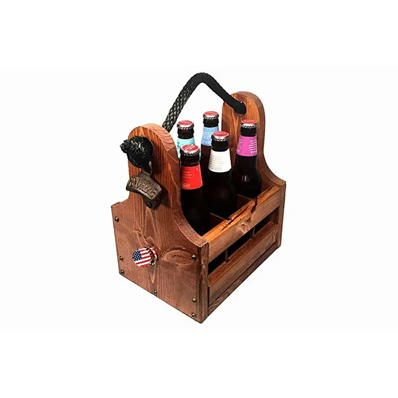 Personalized Wood Beer Caddy with Bottle Opener and Magnetic Bottle Cap Catcher. Handmade Rustic Wooden Six Pack Tote/Carrier