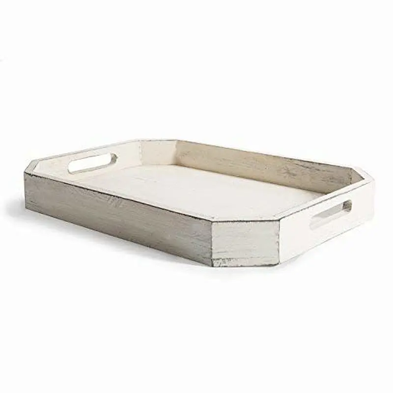 Rustic Whitewashed Wood Serving Tray with Cut out Handles