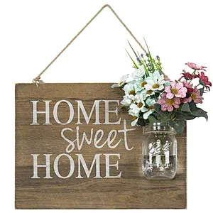 Rustic Home Sweet Home Wood Hanging Sign with Glass Jar Vase